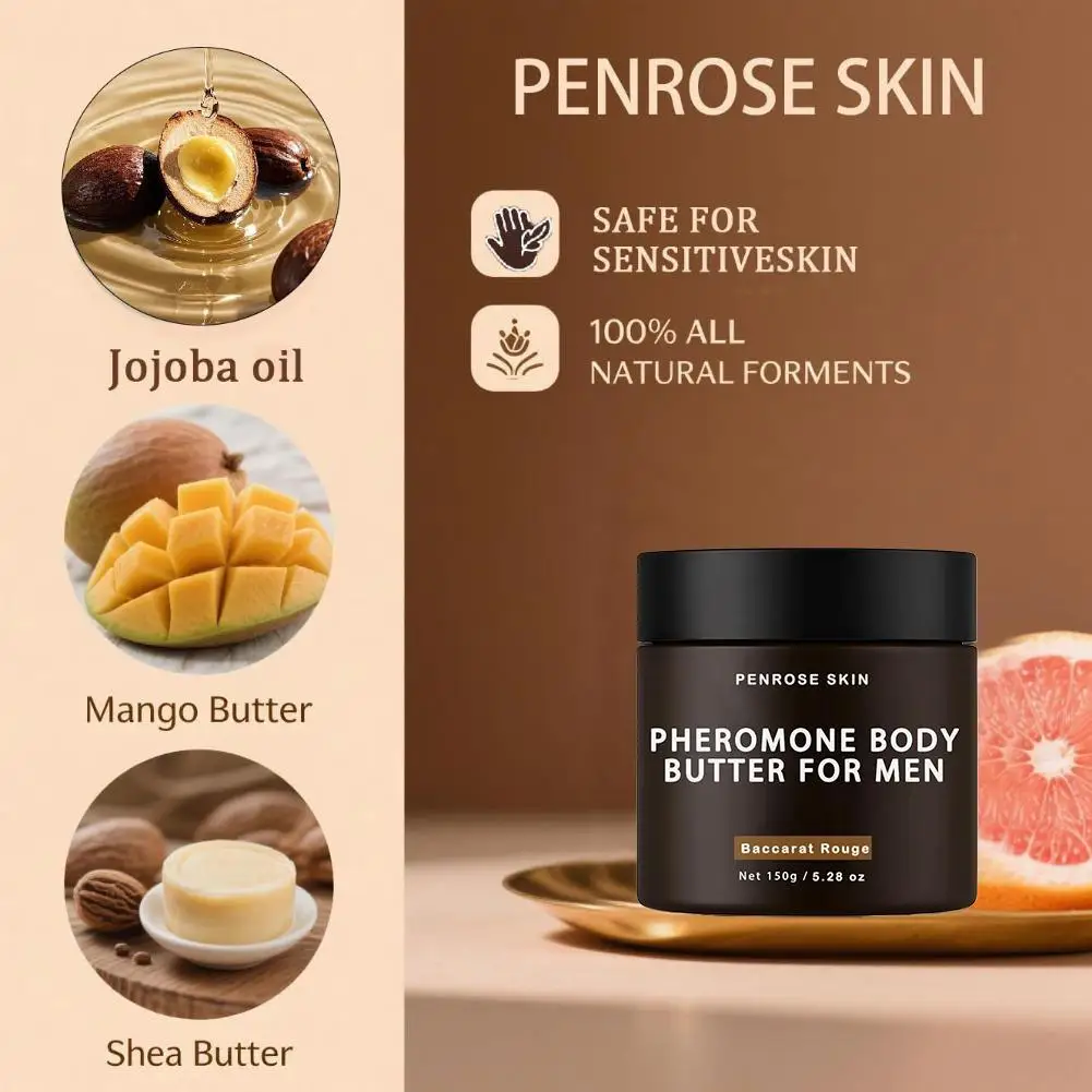 Penrose Skin Pheromone Body Butter for Men 150g, Skin Nourishing Shea Butter Rouge Jojoba Oil Scent Body Lotion Moisturizer