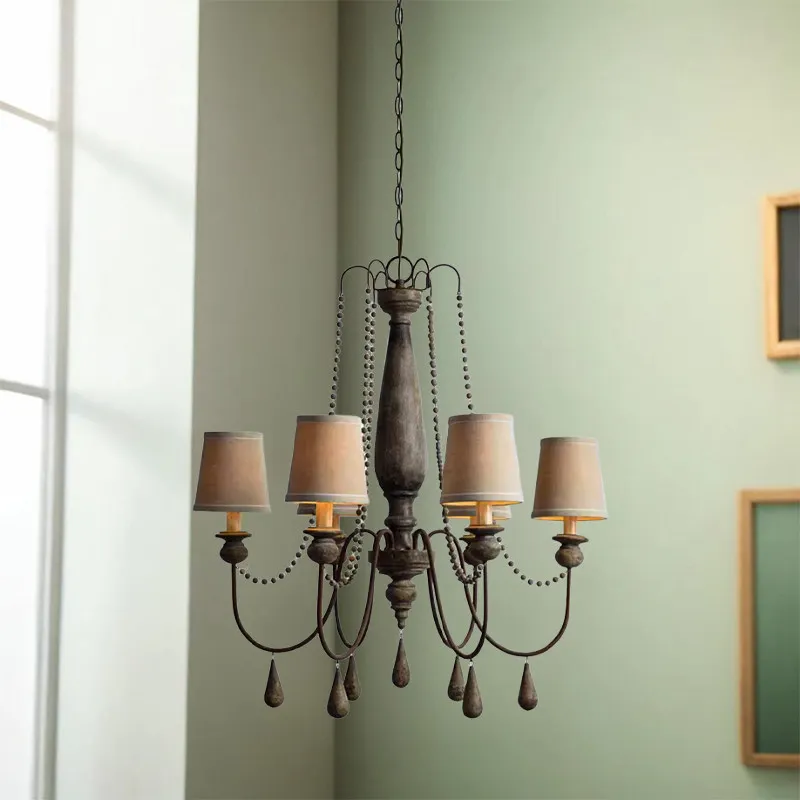 French Grey Wood Farmhouse Chandelier Vintage Wooden Beaded Chandelier Fabric Shade For Bedroom Livingroom Nursery Hallway Foyer