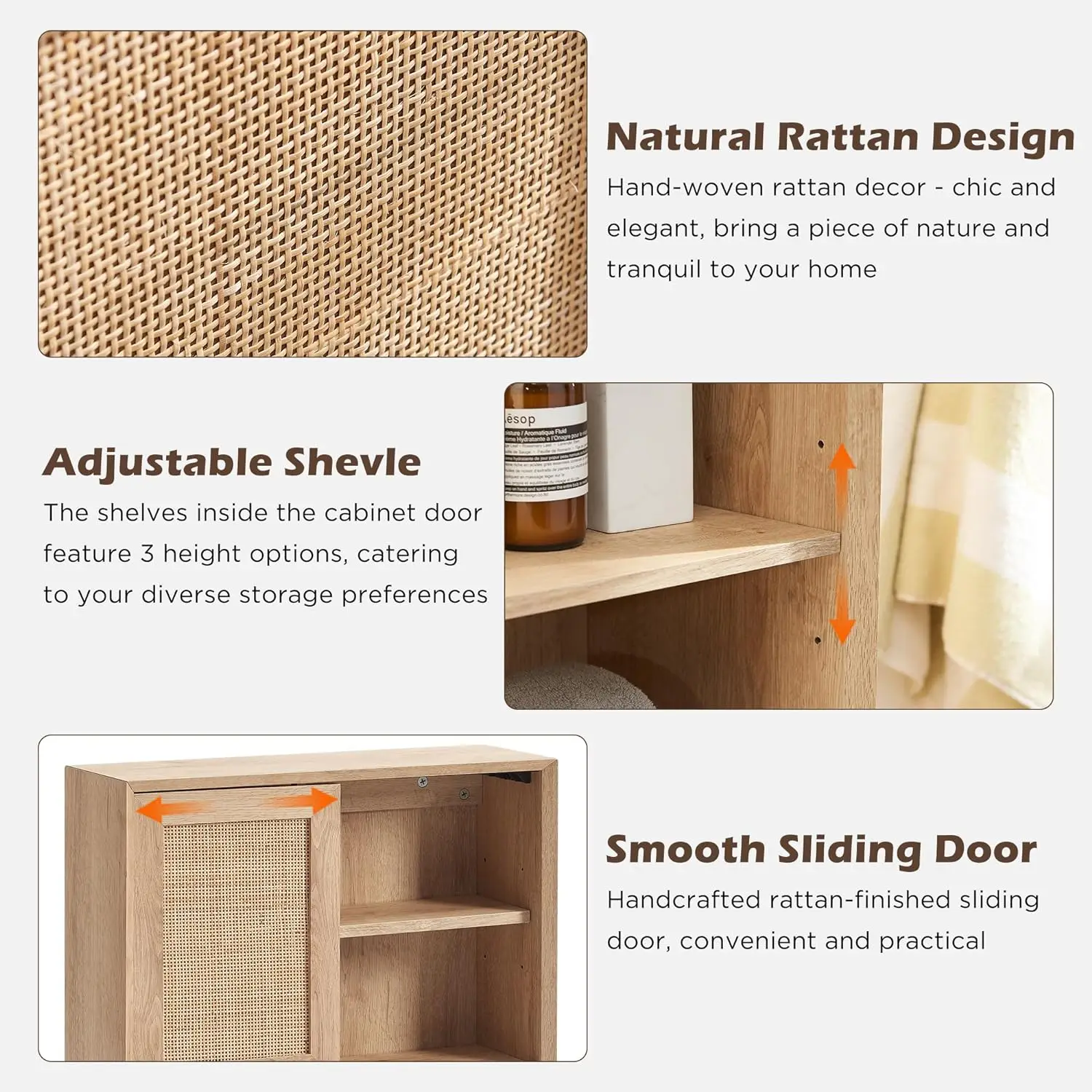 Natural Rattan Armário De Parede Do Banheiro, Modern Boho Medicine Cabinet com Porta Deslizante e Prateleiras Ajustáveis, Gabinete De Armazenamento De Carvalho