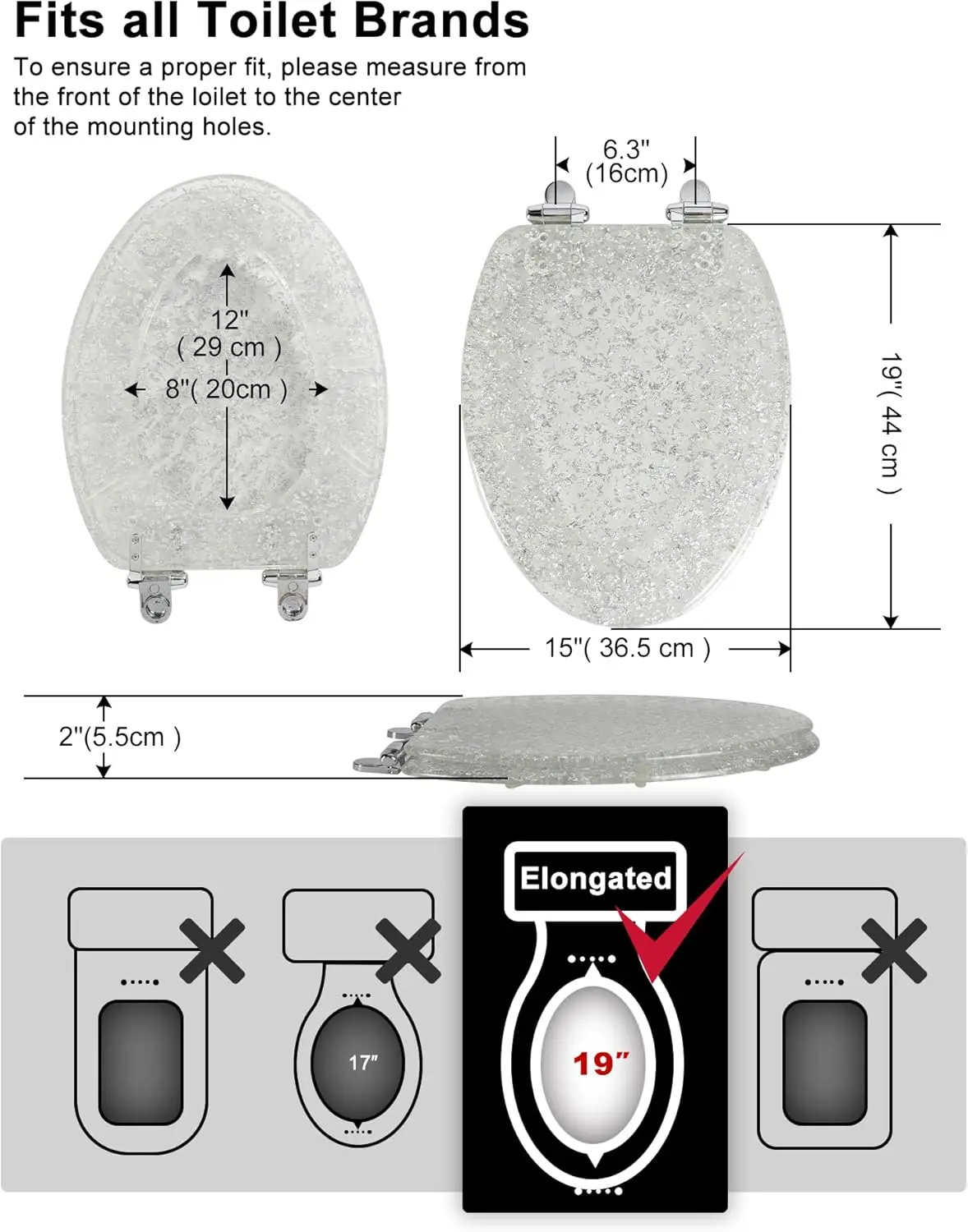 Resin Elongated Toilet Seat Glitter Silver, Slow Quiet-Close Lid and Seat, Heavy Duty Toilet Seats for Standard Size