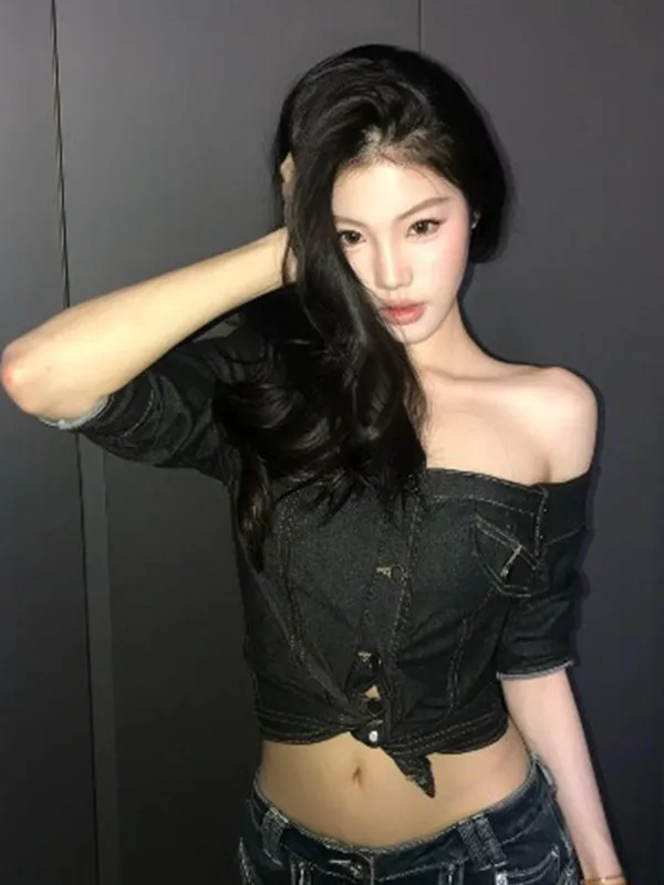 

Retro Asymmetric One-oulder Denim irt Women's Spring New Medium-Sve Design Sensation Small Cro Spicy Girl Top