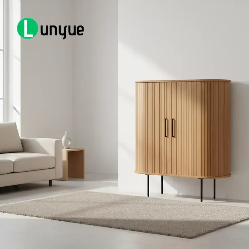 Modern Sliding Door Sideboard with Wooden Metal Legs High Storage Buffet Cabinet Natural Wood Locker for Living Room