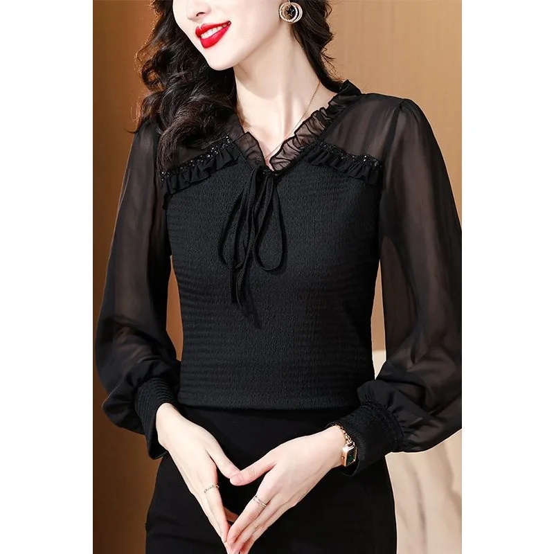 2025 الخريف والشتاء جديد الفرنسية الرجعية الشيفون الخصر الوقوف طوق بلوفر أنيق مزاجه عادية قاع للنساء #2