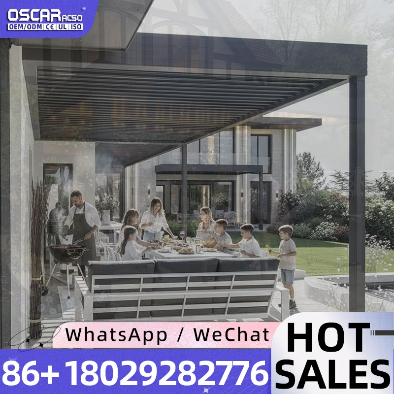 Retractable Louvered Aluminum Pergola with Automatic Waterproof Roof and Wind Detection for Balcony Villa Motorized Outdoor Stru