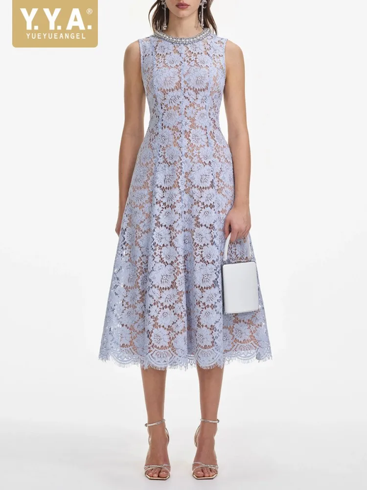 

2025 New Summer Fashion Females Lace Hollow Out Flowers Dresses Mid Calf Chic Bead Edge O-Neck Slim Fit Elegant Sleeveless Dress