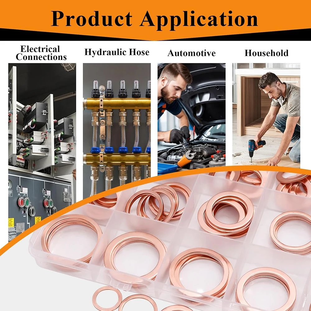 150PCS Copper Washer Gasket Nut And Bolt Set-Pure Copper Oil Plugs Washer o-ring Gasket Motorcycle Sump Flat Sealing Spacers