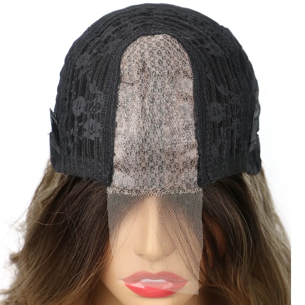 4/27 Evidenziare Parrucca Sintetica Del Merletto Parte U Onda Oceano Ombre Bionda Parrucca Sintetica Dei Capelli per Le Donne Marrone Bionda Ondulata Parrucca Dell'onda Del Corpo