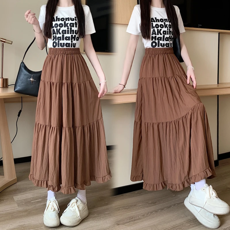 

Coigarsam Women Long Skirt Spring 2024 Office Lady Korea Style Solid Patchwork Knitted High Waist Black Skirts