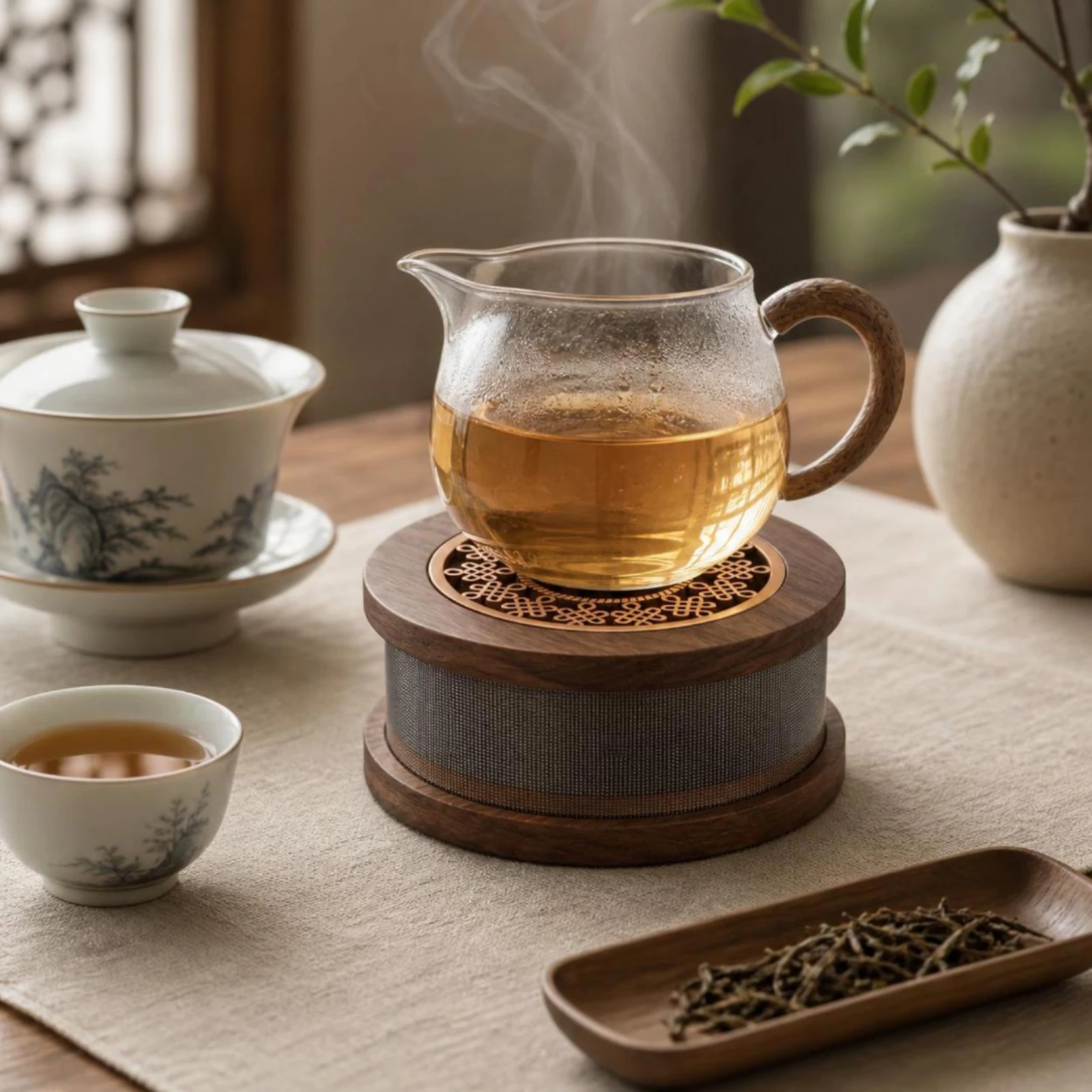 Wood Tea Warmer with Metal Mesh Tabletop Round Elegant for Hosts, Dining Table