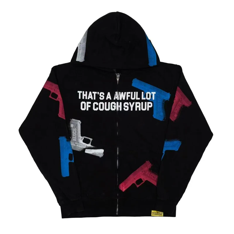 Vintage Streetwear Men That's A Awful Lot of Cough Syrup Zip Up Hoodie Abstract Art Graffiti Print Oversized Hooded Sweat Top