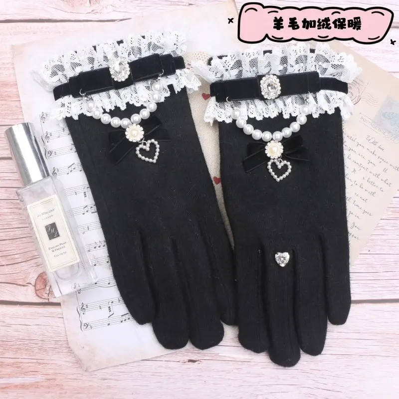 Japanese Sweet Winter Gloves Handmade Kawaii Beaded Bow Lace Trim Wool Fleece-lined Gloves For Women
