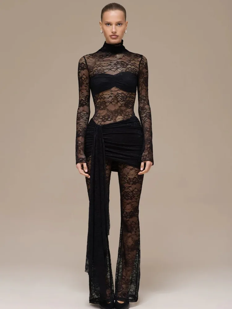 

Blifanbo кружевной лоскутный сексуальный комбинезон с рюшами женский осенний расклешенный женский комбинезон с круглым вырезом и длинными рукавами праздничная одежда элегантный комбинезон