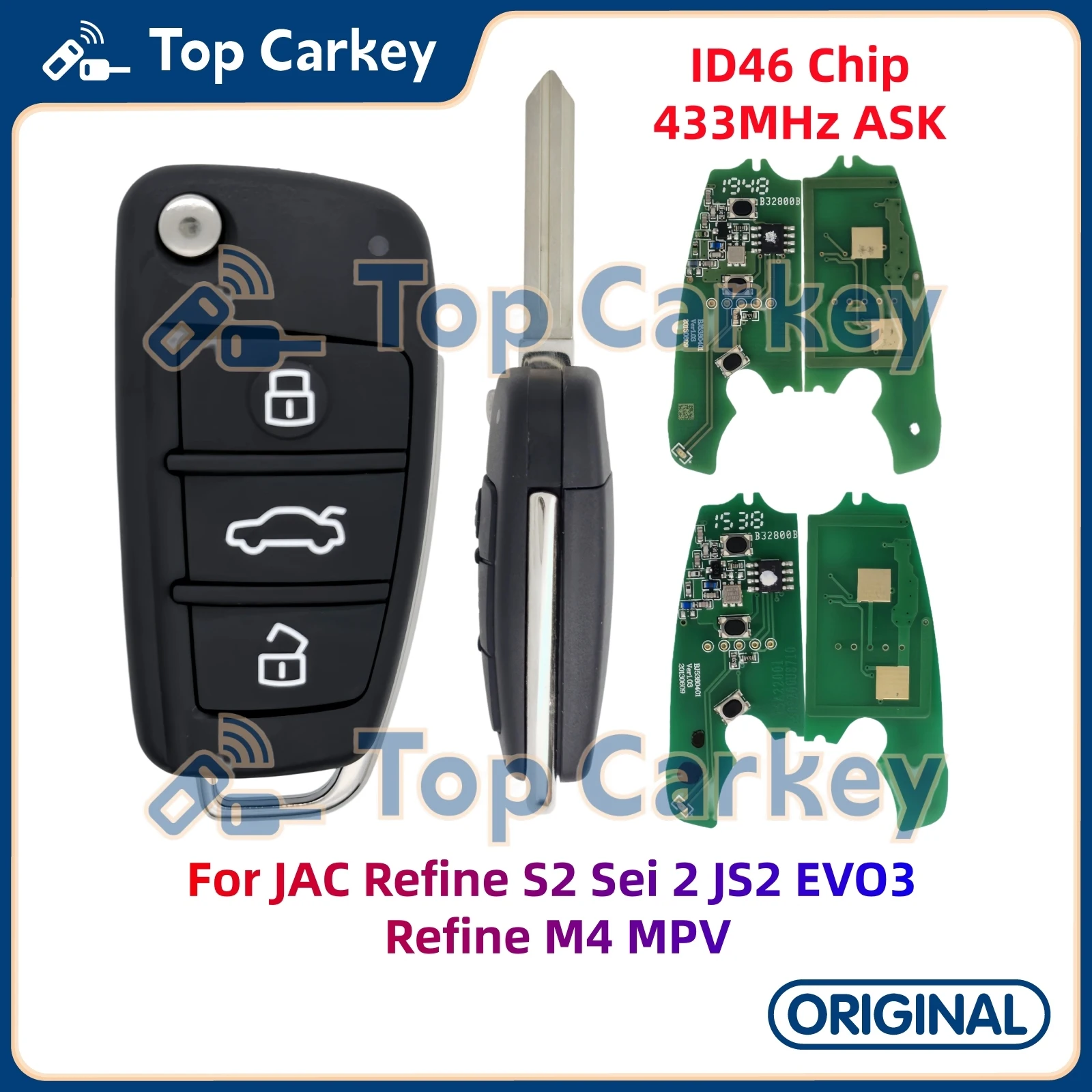 TopCarkey Flip Floding Remote Key ID46 Chip 433MHz for JAC JAC Refine S2 Sei 2 JS2 EVO3 Refine M4 MPV