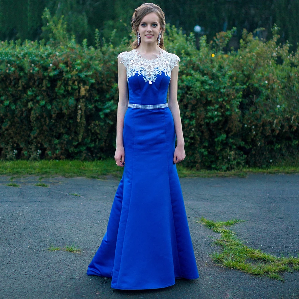 

Customized O-neck Trumpet Satin Evening Dress Simple Sleeveless With Lace Party Dress ILLUSION Floor Length Prom Gown For Women