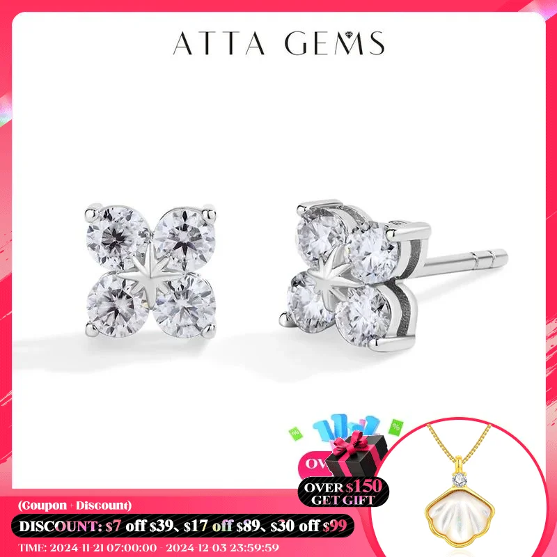 ATTAGEMS Round Cut 3.0mm Moissanite Diamond Earrings for Women Classic Clover Pure 10K 14K 18K White Gold Fine Jewelry Pass Test