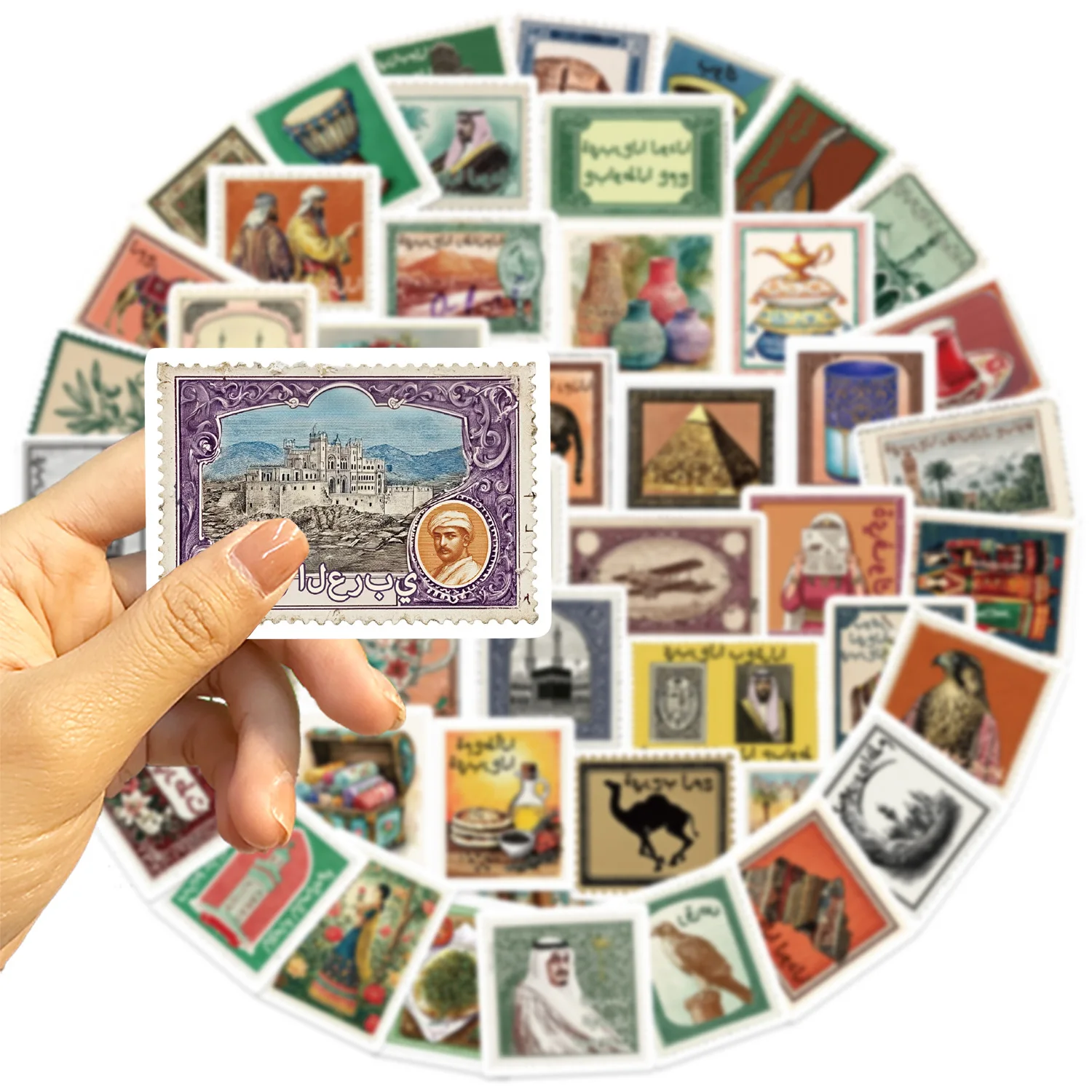 50 PCS Arabic Retro Aesthetic Stamp Graffiti Stickers Decorate Gift Box Hand Account Phone Case Scrapbook Non Repeated Decals