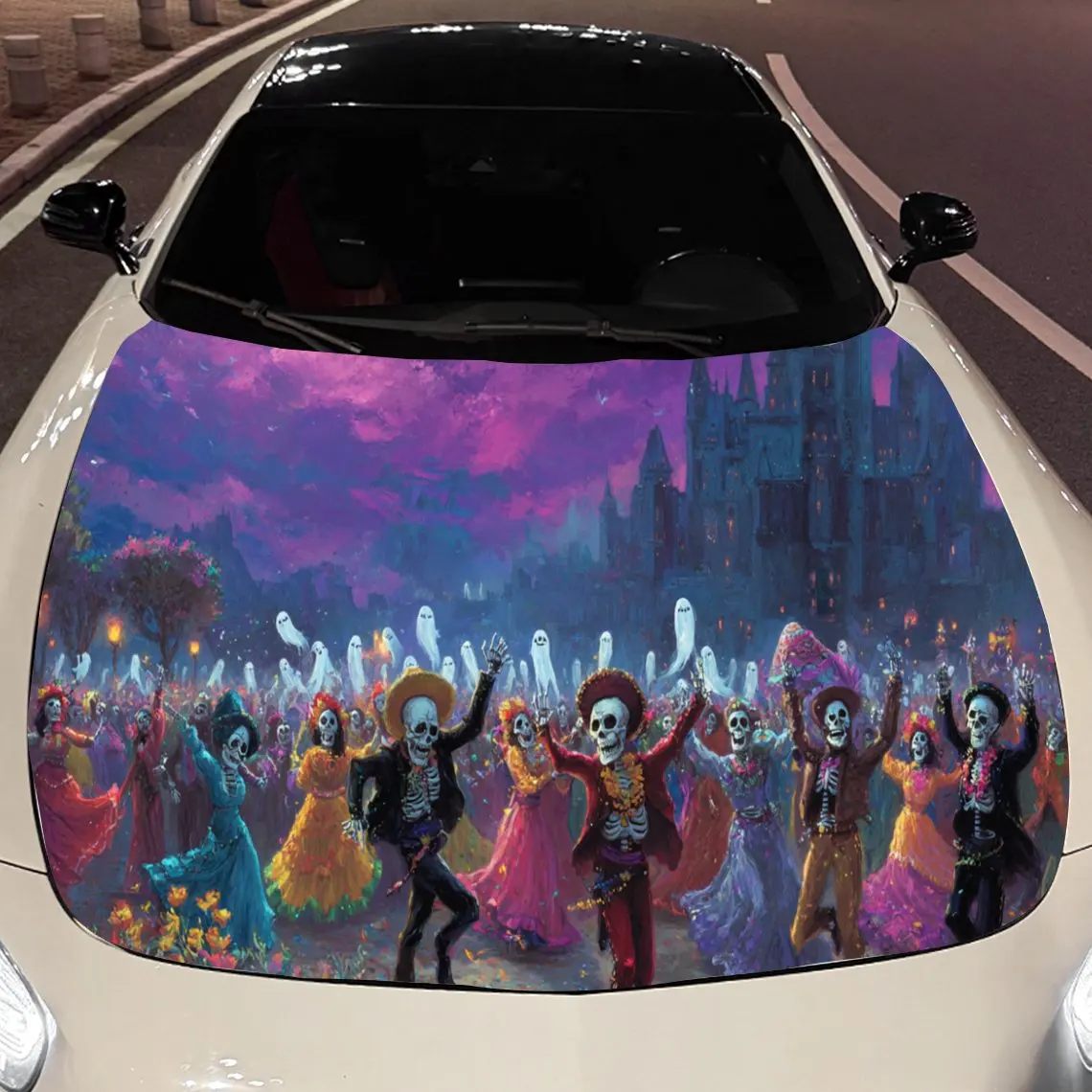

Lively Day of the Dead Celebration Car Hood Vinyl Wraps Sticker, Fashionable Auto Cover PVC Decal, Waterproof Self-adhesive Vehi