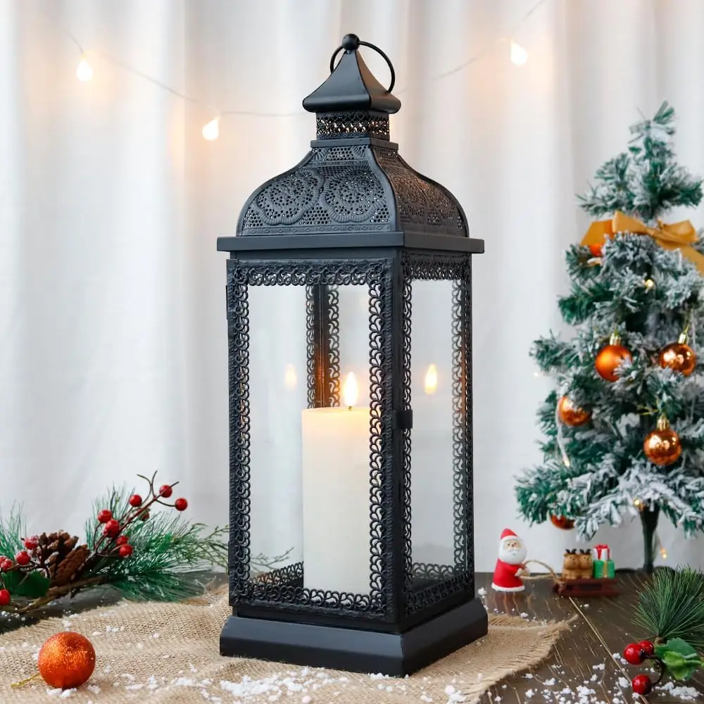 Rustic Style Metal Candle Lantern 19'' High Decorative Hanging Lantern Candle Holder with Tempered Glass for Christmas Living Ro