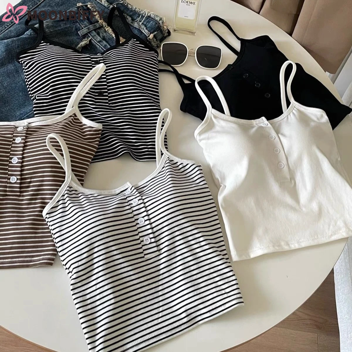 المرأة مخطط زر بروتيل تانك القمم مع وسادة الصدر التخسيس ملابس داخلية القطن مضلع الظهر الجمال قطعة واحدة سترة