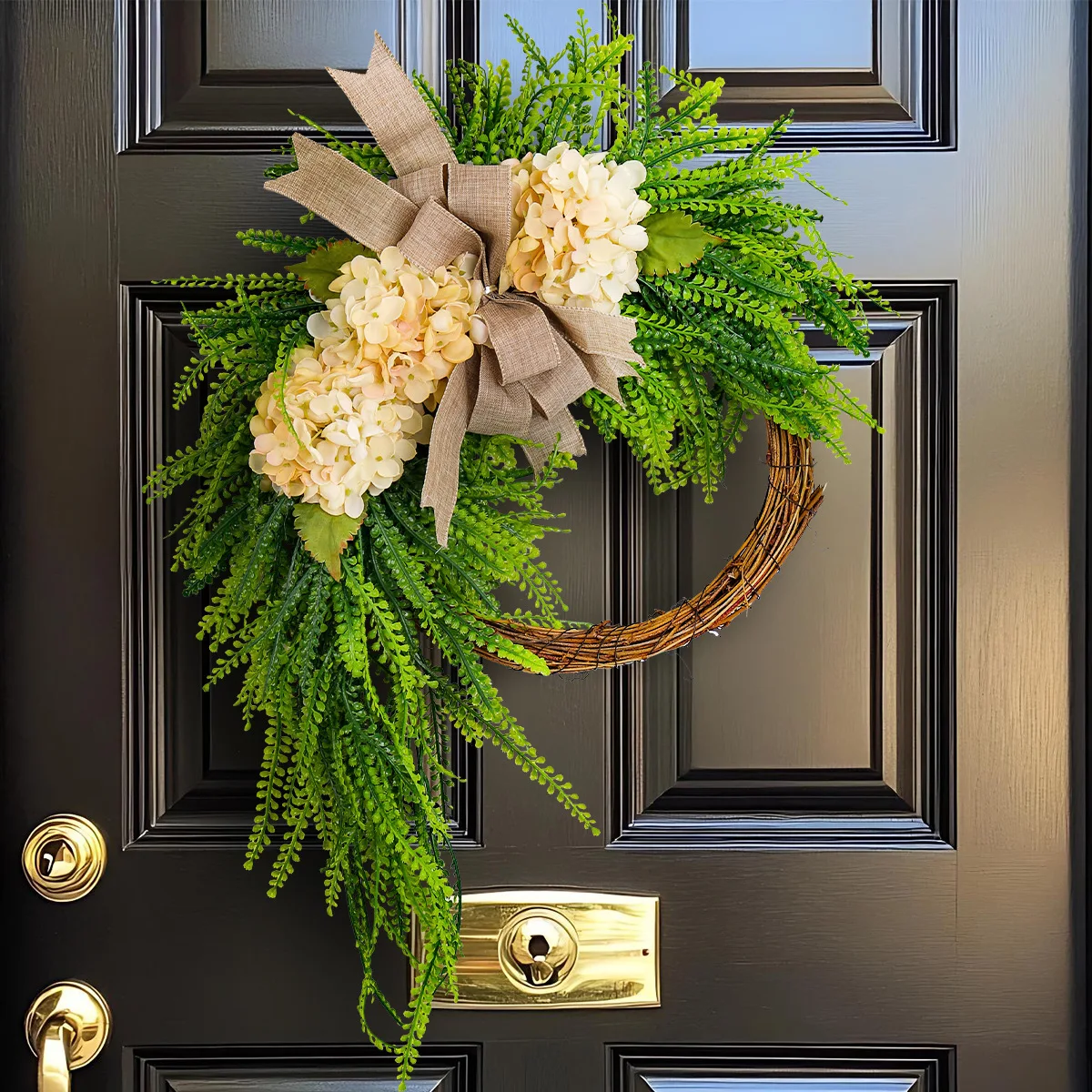 Artificial Hydrangea Wreath Pastoral Style with Bowknot Wall Hanging Door Ornament for Outdoor Indoor Villa Home & Garden Decor