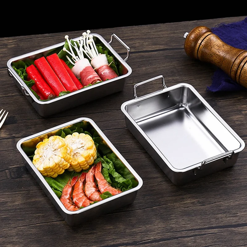 Stainless Steel Food Storage Tray Double Ears Fried Chicken Square Plate Snack Fruit Plate Food Display Kitchen Tools