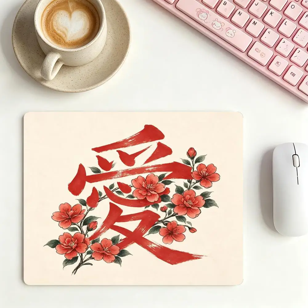 Chinese Character Love Calligraphy Floral Table Mat Non-Slip Rubber Large Size Mousepad For Laptop Office Desktop Keyboard Pad