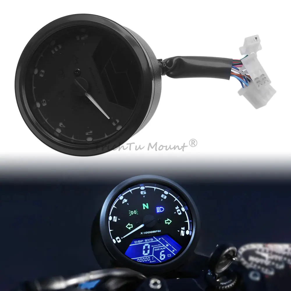 Motorcycle Mechanical Speedometer Lcd Gauge Multi-Function Odometer Tachometer Fits For 2-4 Cylinders Universal Instrument Black
