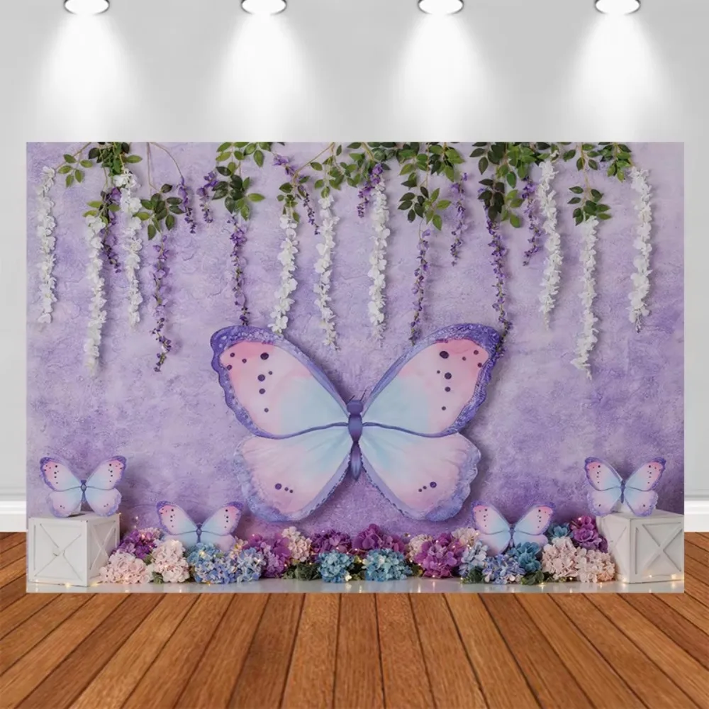 Spring Colorful Purple Butterfly Garden Theme Banner Decoration Background, Birthday Party, Home Decoration Photography Backdrop