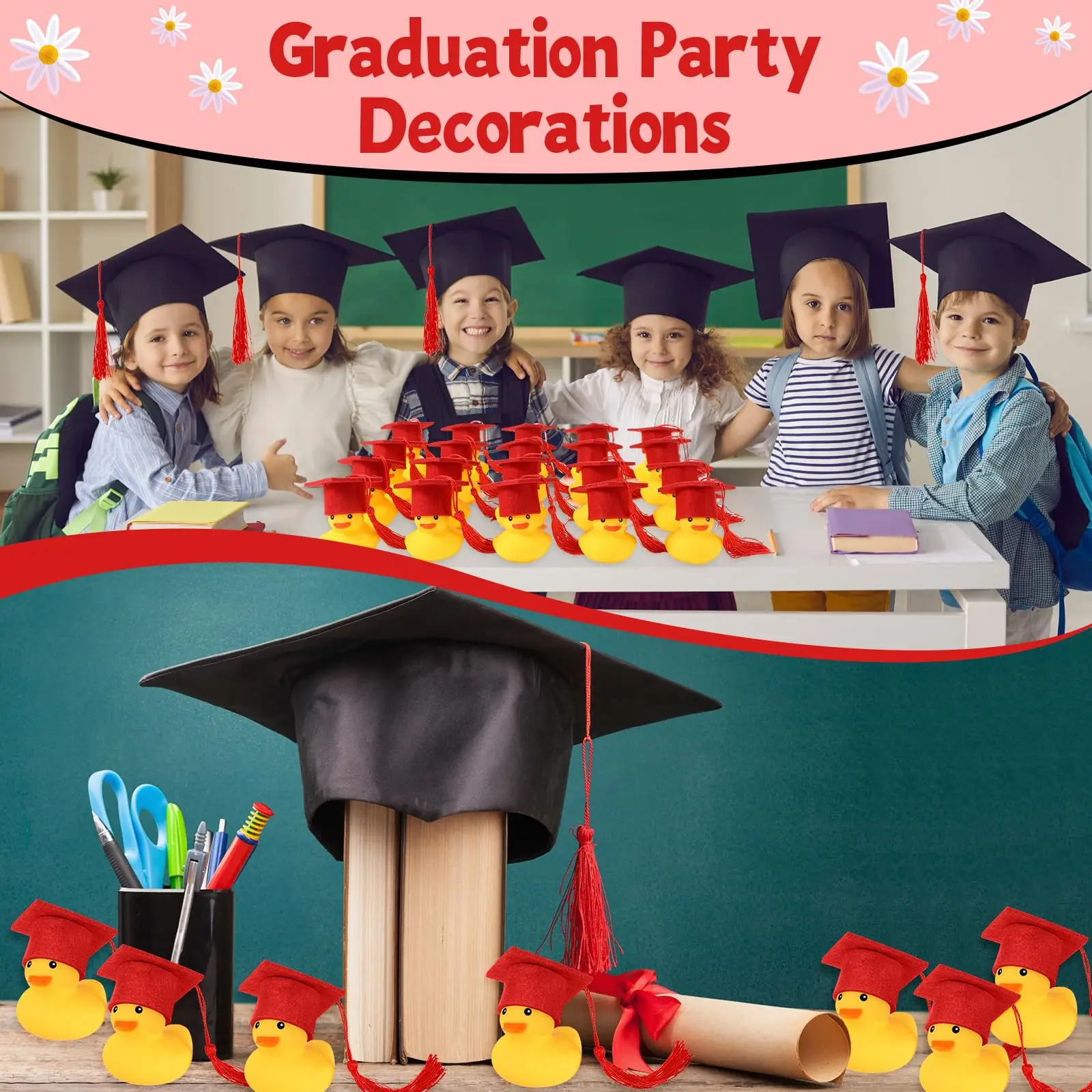 48Pcs Graduation Duck Mini Grad Rubber Ducks with Grad Tassel Cap and Certificate Red and Blue Grad Duck Bulk for Pool FloatPart