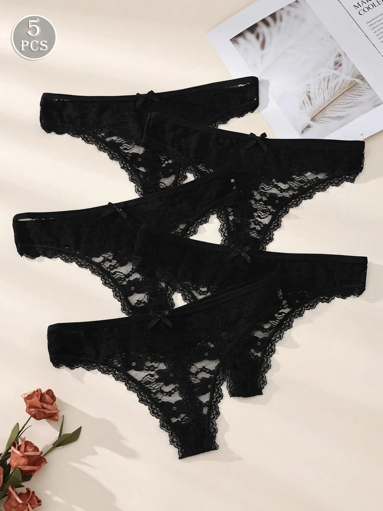 5Pcs Sexy Lace Women Thongs Transparent Womens Panties Sexy Underwear Solid Floral G-String Plus Size Underpants Female Lingerie