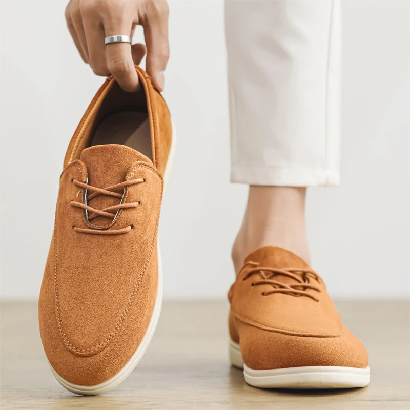 Men's Suede Leather Lace Up Loafers Brown Casual Driving Shoes and Man Platform Casual Shoes Are Fashionable for Daily Wear 2025