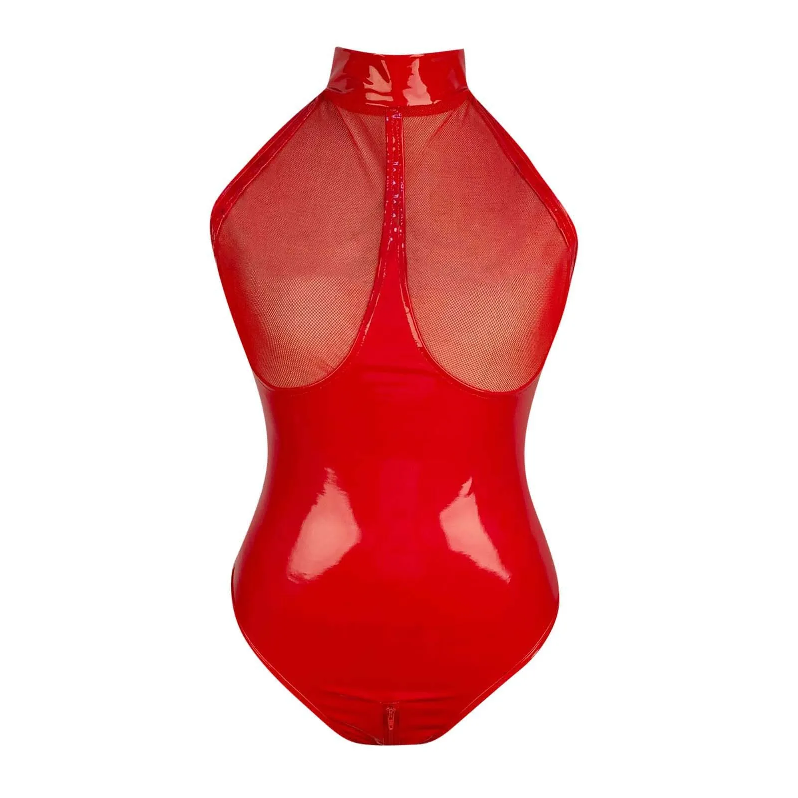 Women\'s Sexy Leather Mesh Lingerie Underwear Sleeveless Red Bodysuit Sleepwear Female Underwear Sexy Bras Tight Lingerie Set