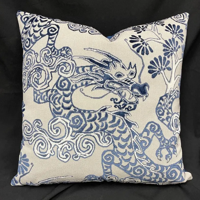

Chinese dragon Pillow Cover/navy dragon Pillow Cover/blue dragon Pillow Cover,Elegant Blue Ink Style Dragon Themed Household Throw Pillow Cover