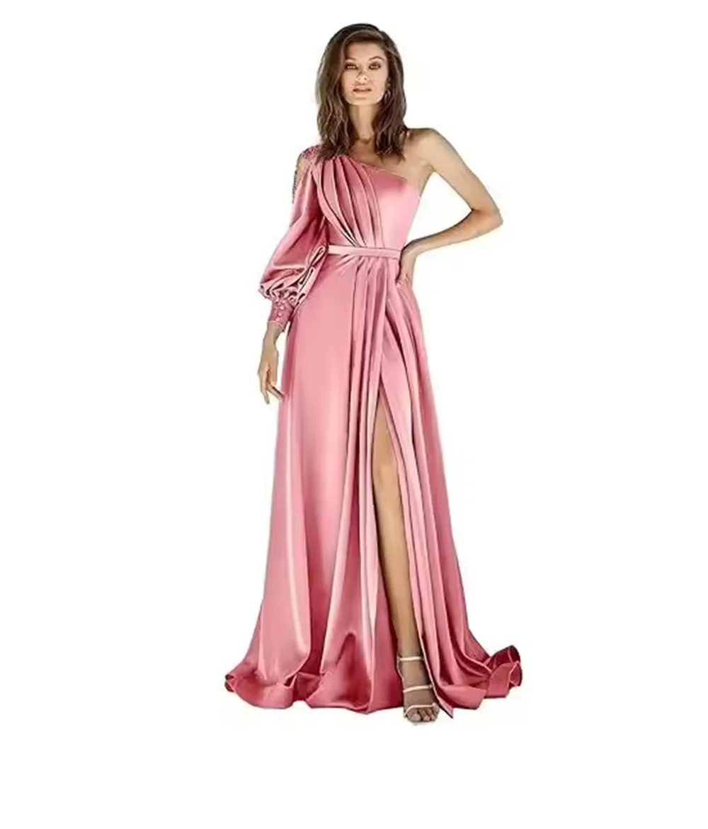 ชุดราตรีหรูหราแบบสั่งตัดสำหรับผู้หญิง ชุดเดรสออกงานแขนยาวแบบไหล่เดียว ทรงเอไลน์ยาวกรอมพื้น ผ่าข้าง ชุดราตรีงานพรอม