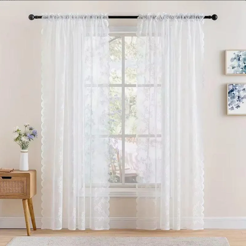 Romantic Floral Rose Warp Knitted Lace Transparent Sheer Curtain Privacy Light Adjust Window Voile for Bedroom Girl Room Decor