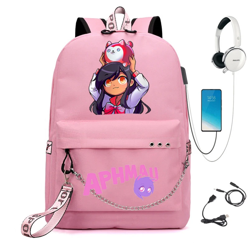 Aphmau anime feminino estudante saco de escola mochila portátil das mulheres mochila escolar usb