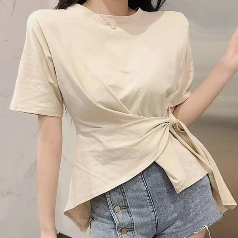T-shirts Women Bandage Fashion Irregular Design Streetwear All-match Simple Elegant Korean Style Leisure Personality Tender Ins