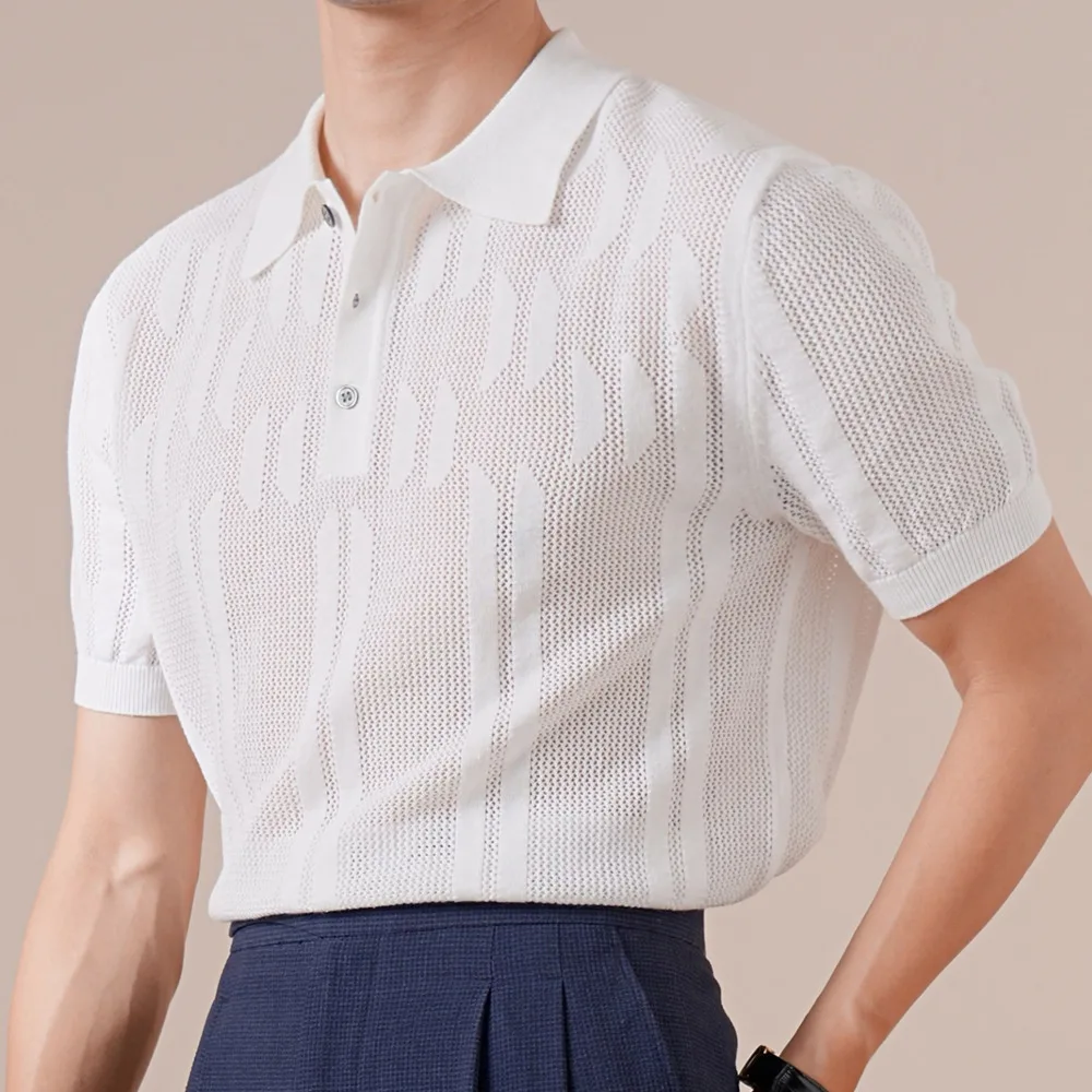 

Дышащая рубашка-поло Camisa Hombre из тонкого хлопка и льна в итальянском стиле с полым дизайном, летняя рубашка-поло с короткими рукавами и отложным воротником