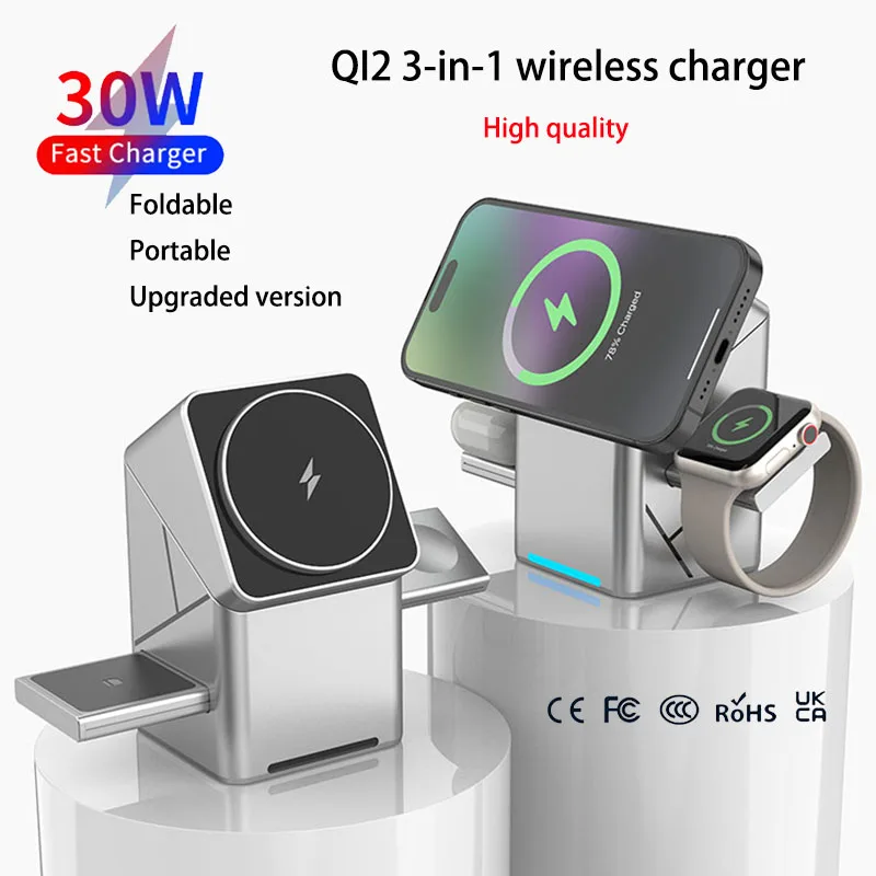 

Новая вращающаяся магнитная беспроводная зарядная станция Qi2 3 в 1 с сенсорной кнопкой для IPhone 16-12 Max и Samsung Galaxy, док-станция для быстрой зарядки