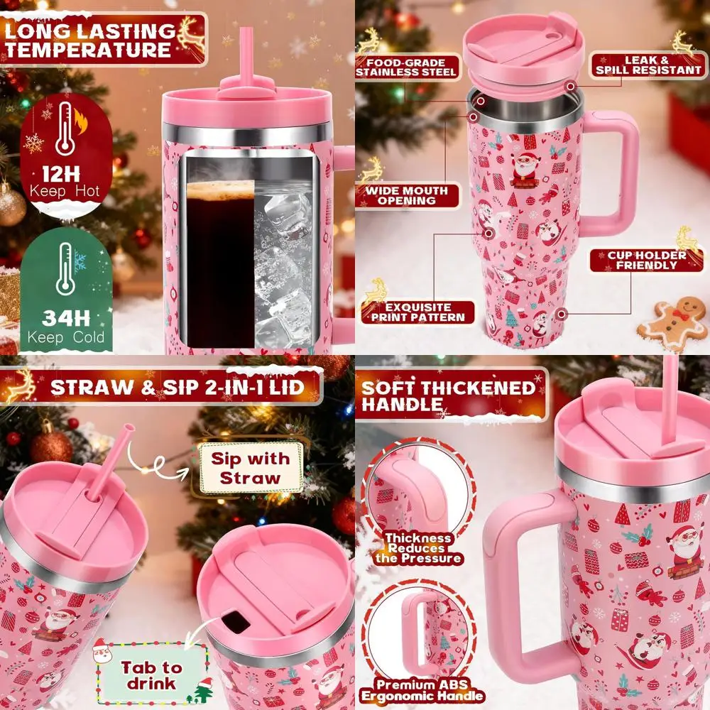 

Розовый изолированный стакан Санта-Клауса на 40 унций с ручкой и соломинкой для женщин и девочек, сохраняет холод на 34 часа