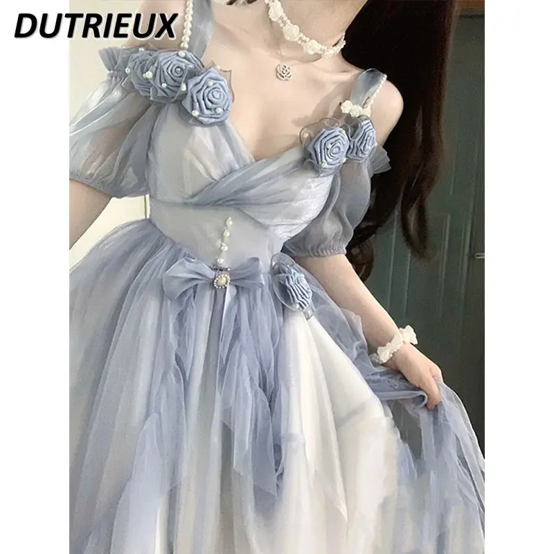 

Elegant Fairy Three-Dimensional Rose Flower Lolita Sling Dress Female 2024 Summer New Princess Mesh Sweet Soft Girl Maxi Dress