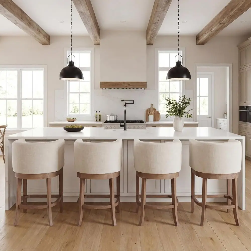 

26 High Barrel Back Upholstered Bar Stools Set of 4, Linen Beige, Natural Wood