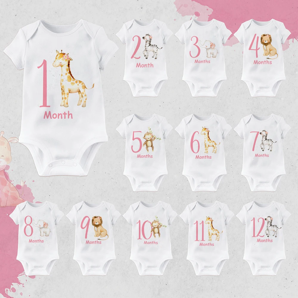 Animal 1-12 Month Print Baby Milestonet Outfit Newborn Monthly Milestones Romper Babygrow Bodysuit Infant Short Sleeve Jumpsuit