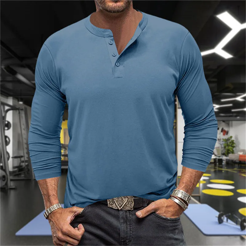 

Men'S Spring And Summer Retro Long SleevestShirt，Casual Fashion Humli Collar Buttoned Long Sleeve Solid Color BreathableTShirt。