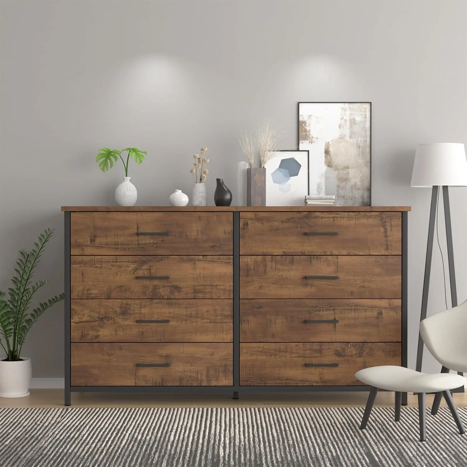 Ikeno 8 Drawer Double Dresser, 55 Inch Industrial Wood Storage Dressers & Chests Of Drawers With Sturdy Steel Frame, Wood