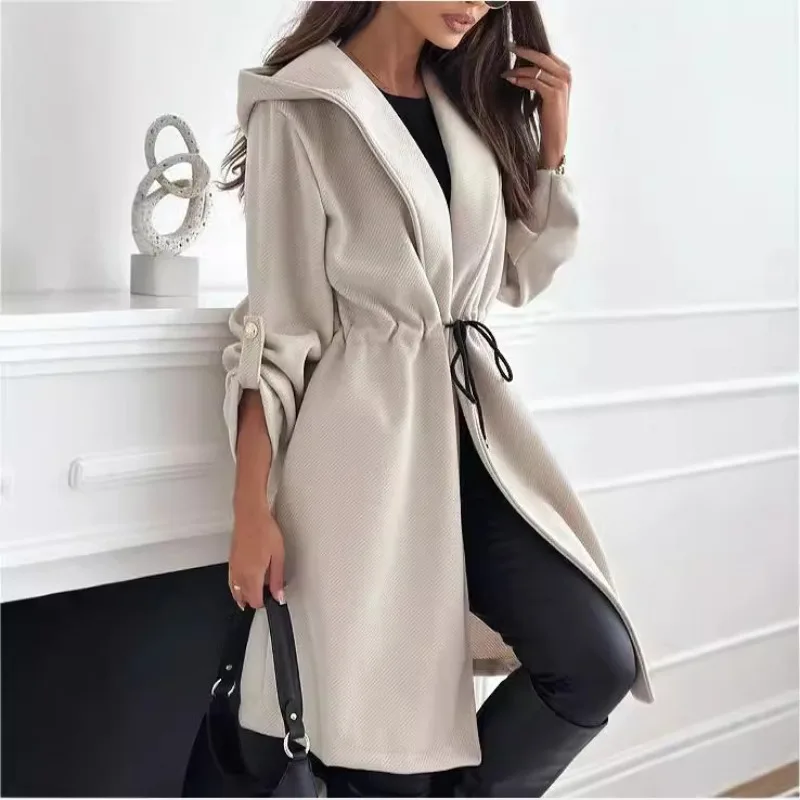 2024 European and American Fashion Strap Hooded Lapel Ladies Casual Long Sleeve Long Coat in Autumn and Winter