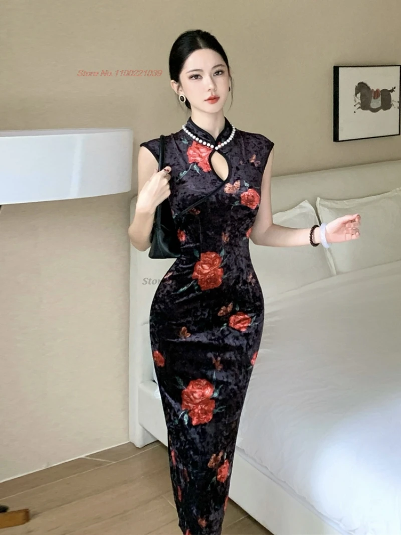 

2025 chinese sexy dress improved cheongsam national flower print velvet qipao dress retro nightclub dress banquet evening dress