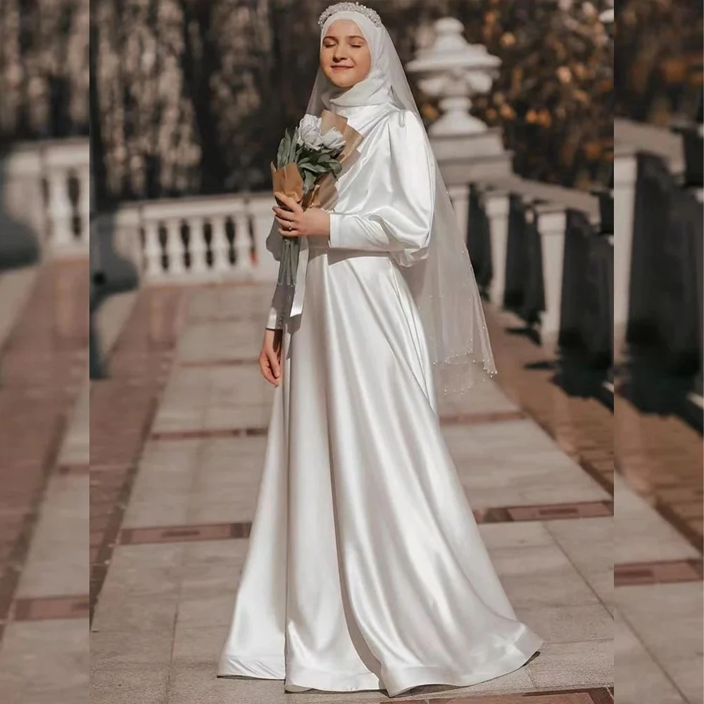 

Simple Wedding Dresses with Hijab Puff Sleeves Muslim Bride Dress Draped A-Line Bridal Gown Vestido De Noivas Civil Customized