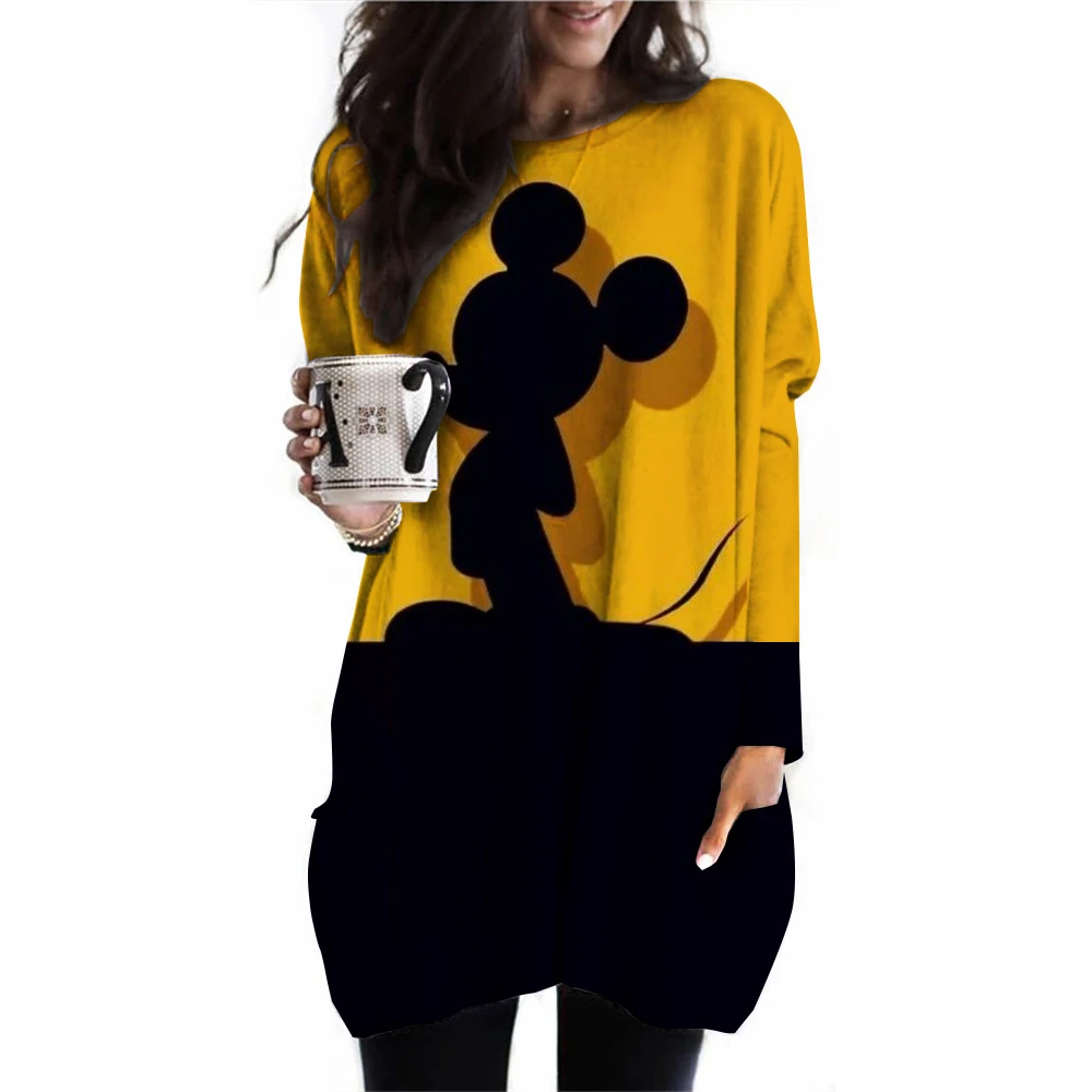 Kadın ilkbahar ve sonbahar yeni S-3XL büyük T-shirt düz renk uzun kollu gevşek disney\'in Mickey Mouse rahat Harajuku bel t-sh