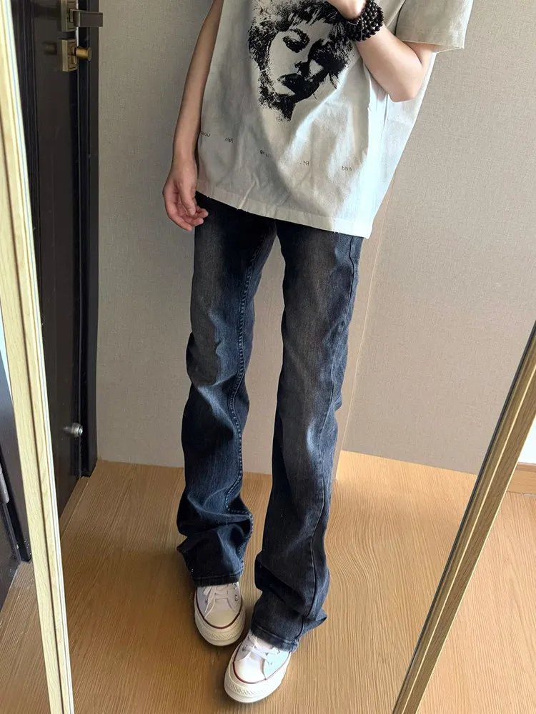 Slim Fit Straight Leg Jeans Men's mid Waist Zipper Closure Youth Fashion Black Grey Flared Jeans Autumn High Street Style Cle...